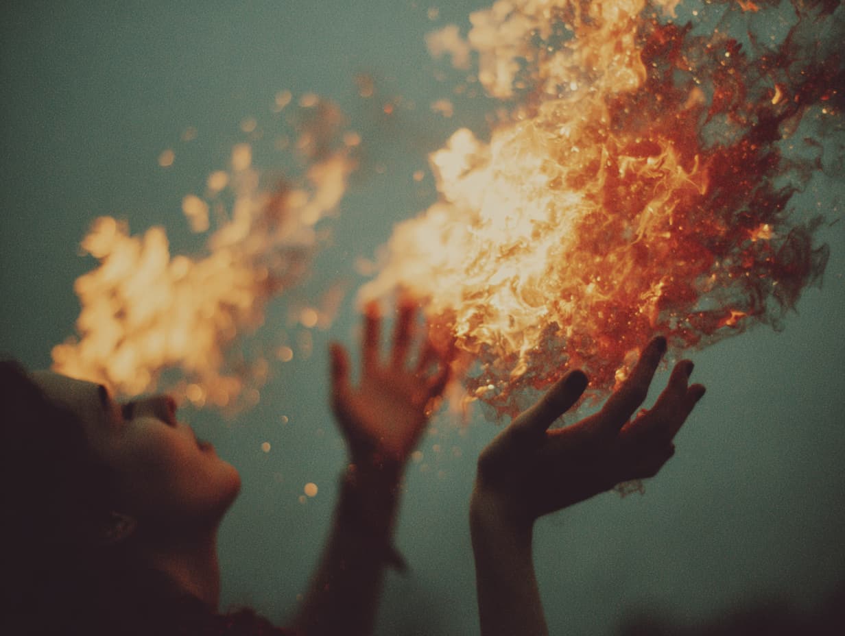 Hands raised with fire and light